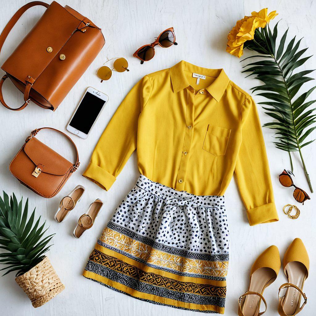 A chic flat lay showcasing a variety of affordable fashion items, including colorful clothing, stylish accessories, and versatile shoes, all arranged on a textured surface. Incorporate a smartphone displaying the e-commerce platform for easy shopping access. The background should be bright and inviting, conveying a sense of modernity and style. super-realistic. vibrant colors. white background.