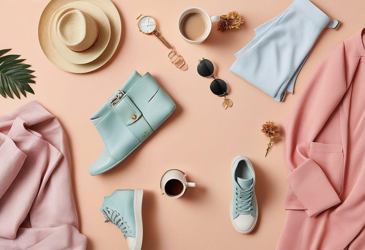A stylish flat lay featuring a variety of trendy, affordable fashion items including chic clothing, accessories, and shoes, artfully arranged on a pastel-colored background. Add a touch of elegance with soft lighting and subtle shadows to highlight textures. Include fashion magazines and a coffee cup to suggest a lifestyle vibe. The overall composition should evoke a sense of inspiration and creativity in fashion. vibrant colors. minimalistic style.